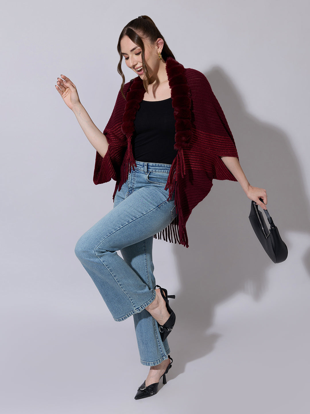 Women's Ribbed Maroon Poncho with Faux Fur Trim