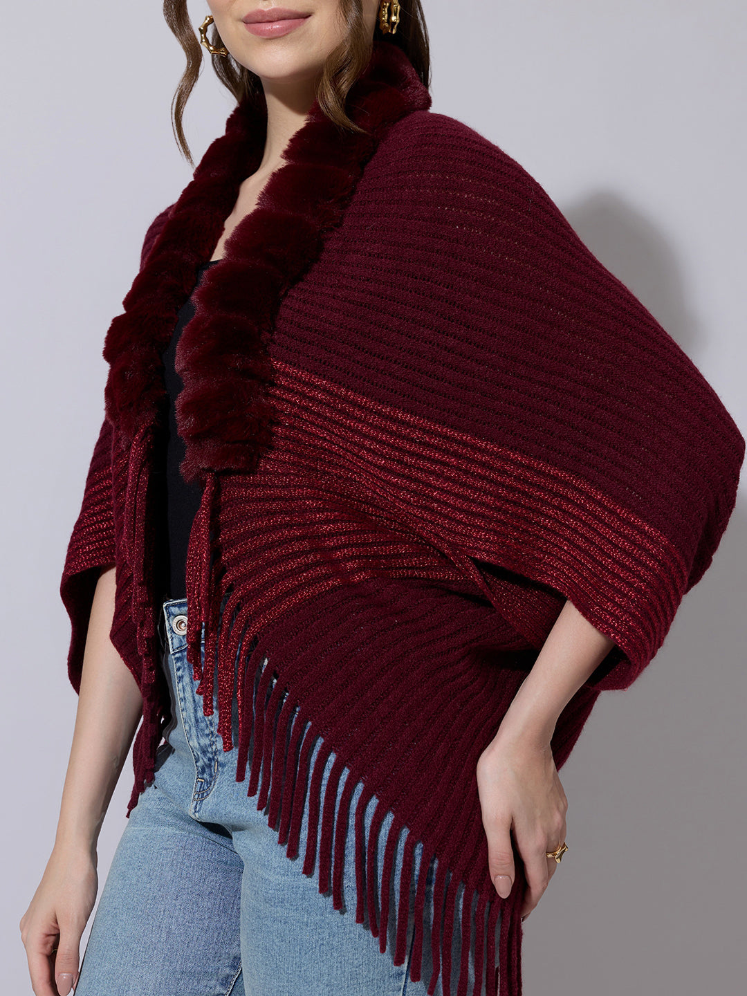 Women's Ribbed Maroon Poncho with Faux Fur Trim
