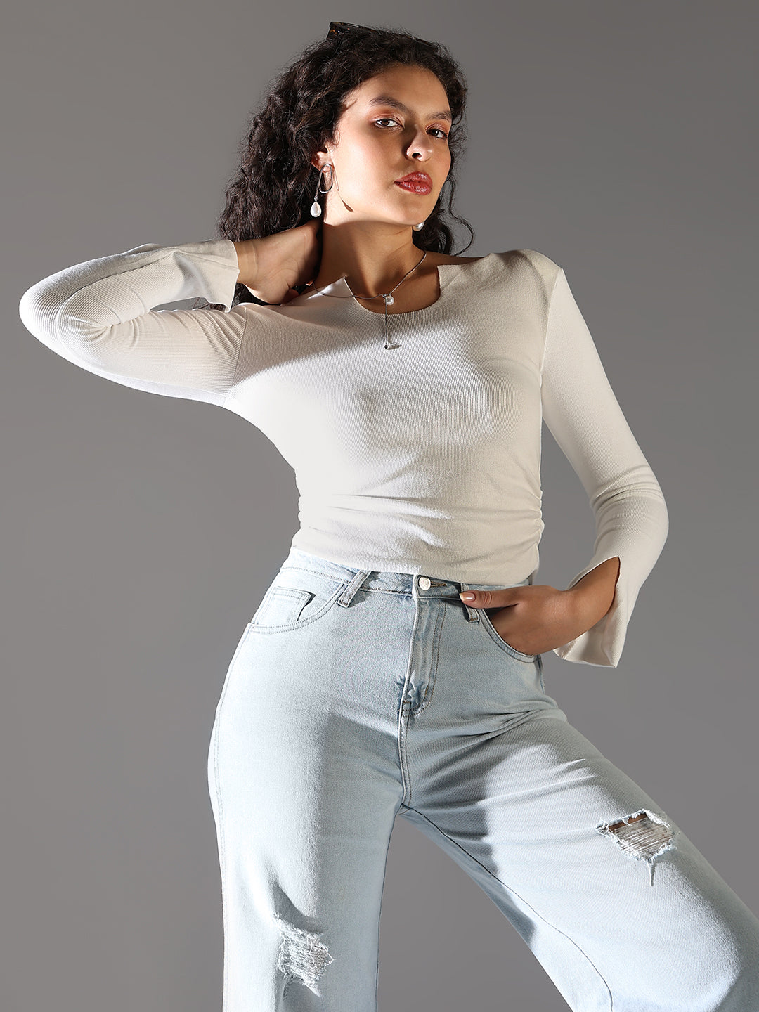 Women White Solid Top