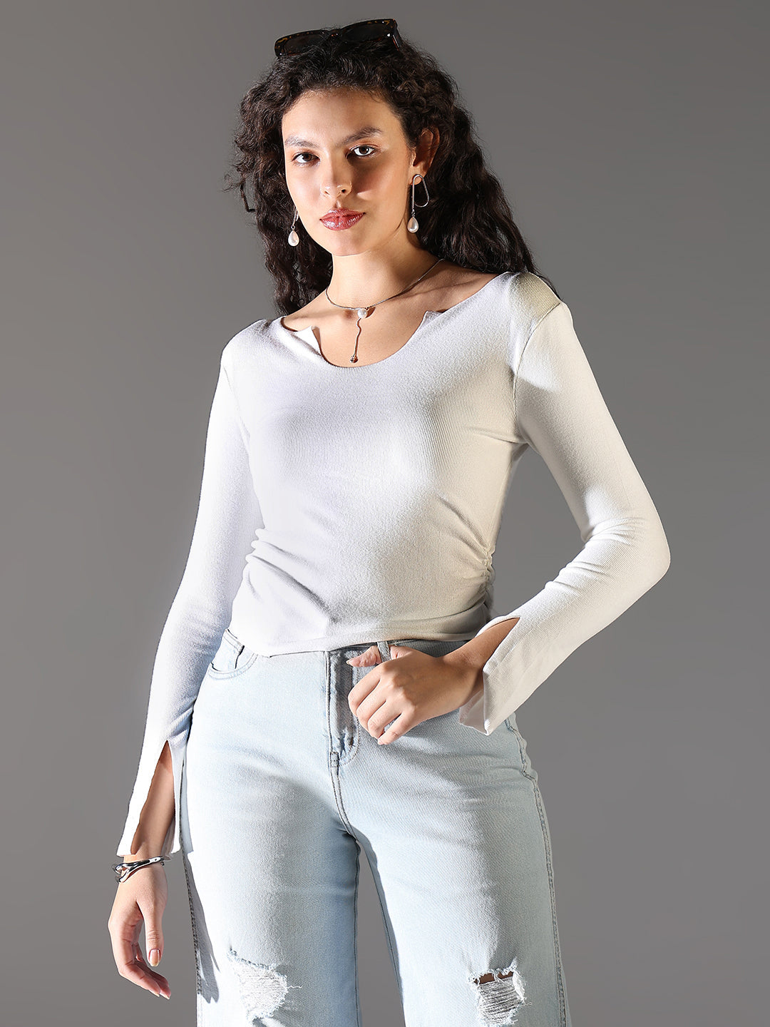 Women White Solid Top