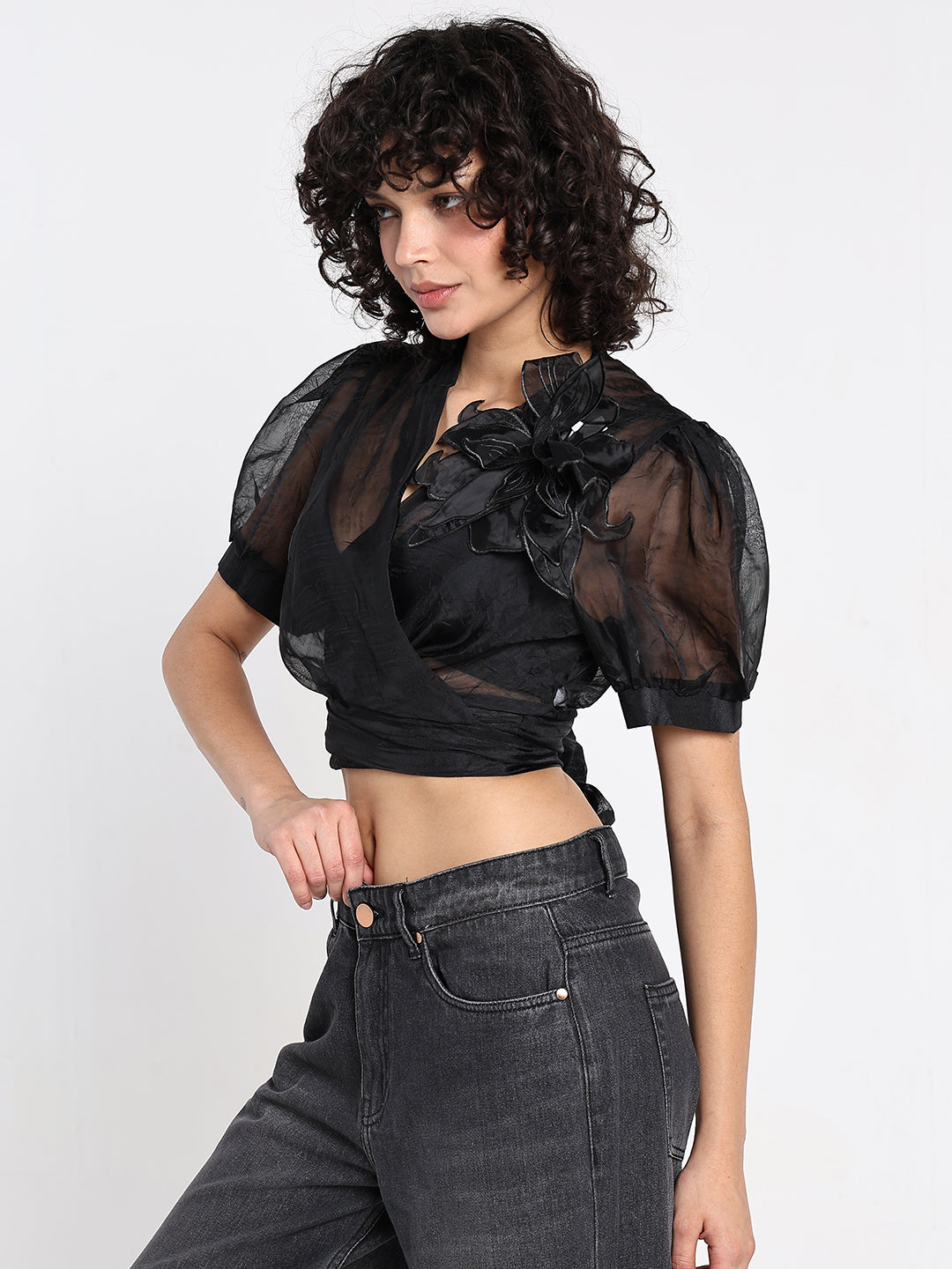 Women's Black Sheer Puff Sleeve Wrap Crop Top with Floral Applique
