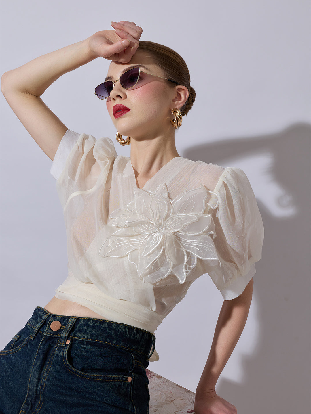 Women's Cream Sheer Wrap Crop Top with Floral Applique