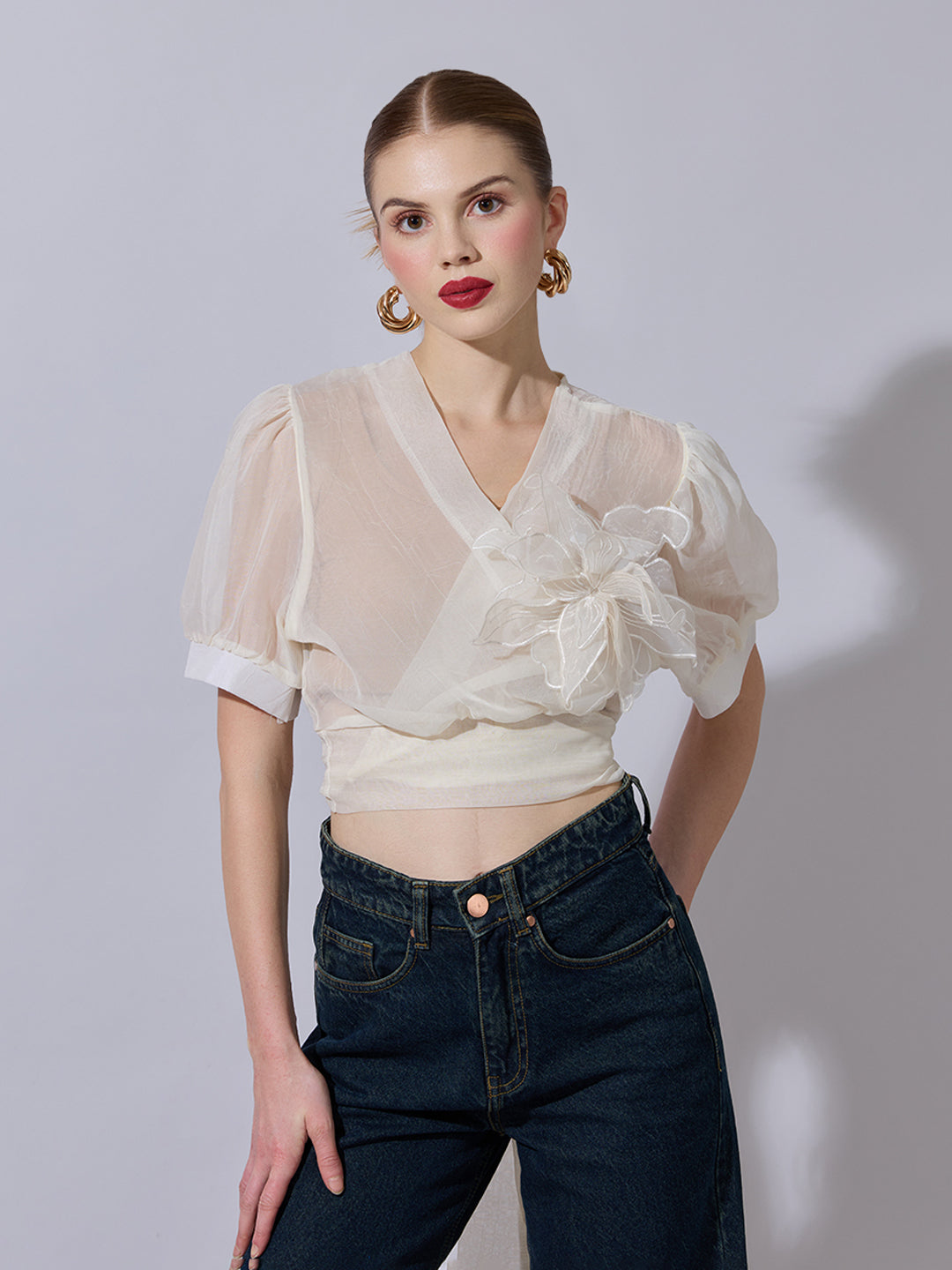 Women's Cream Sheer Wrap Crop Top with Floral Applique