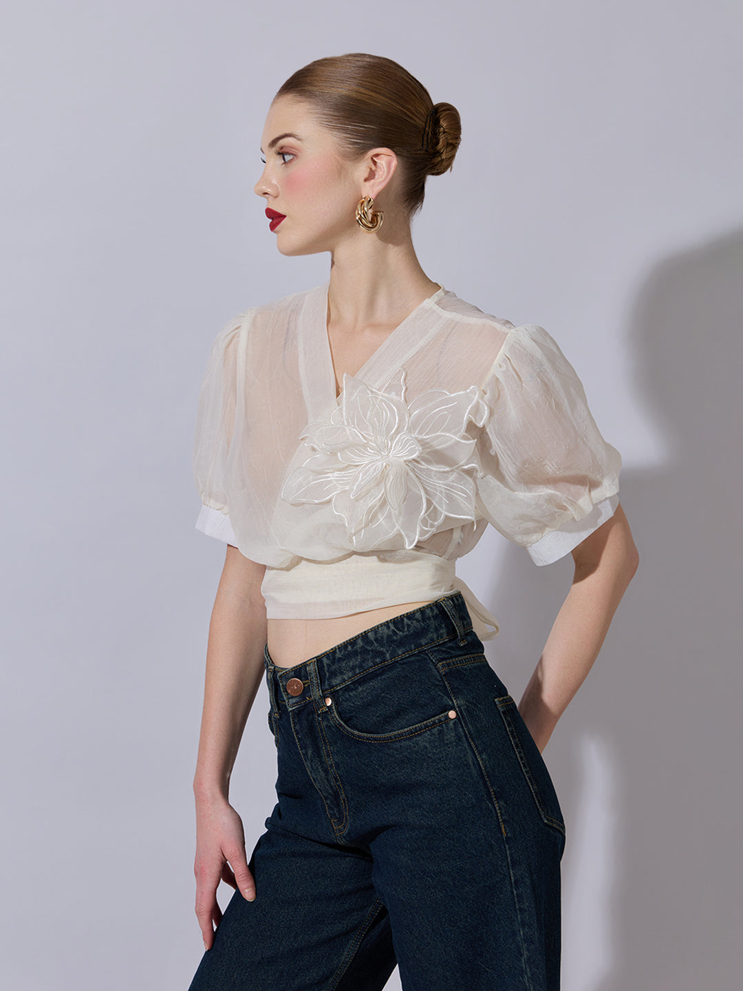Women's Cream Sheer Wrap Crop Top with Floral Applique