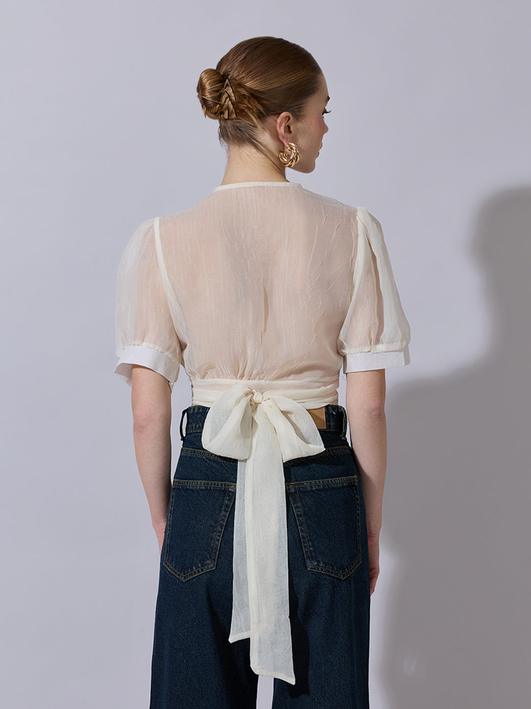 Women's Cream Sheer Wrap Crop Top with Floral Applique