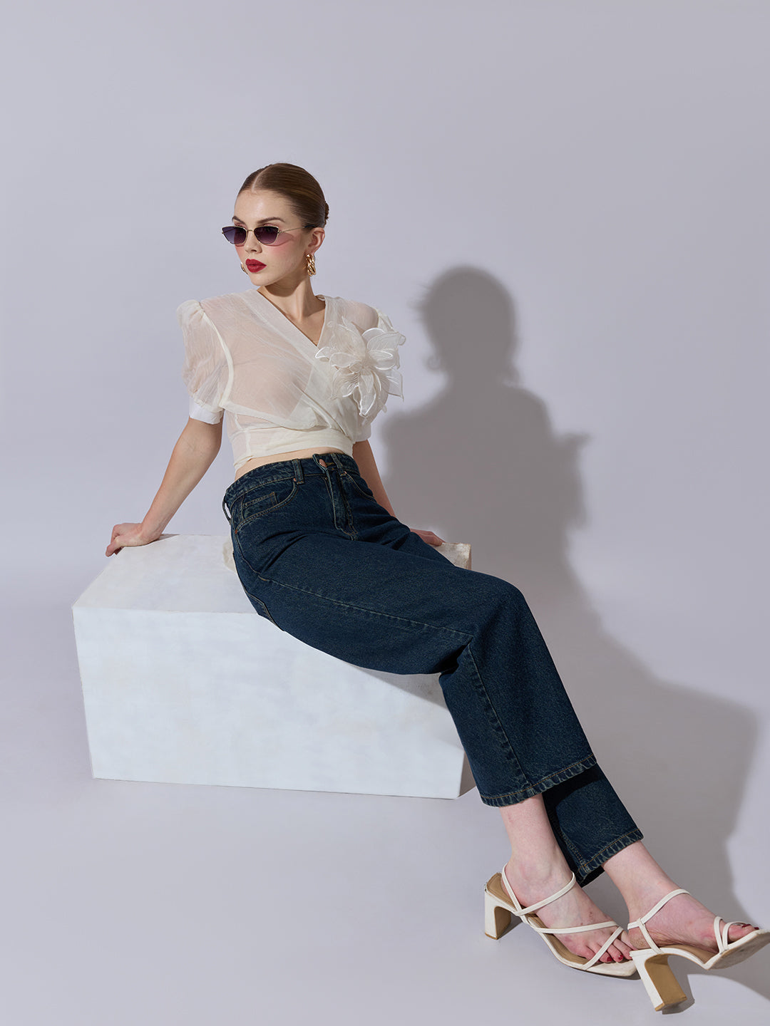 Women's Cream Sheer Wrap Crop Top with Floral Applique