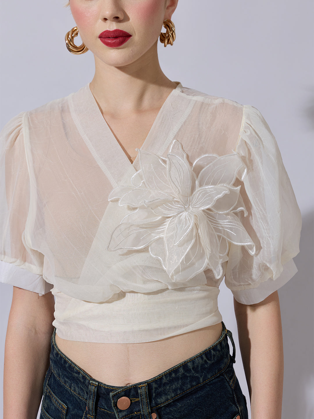 Women's Cream Sheer Wrap Crop Top with Floral Applique