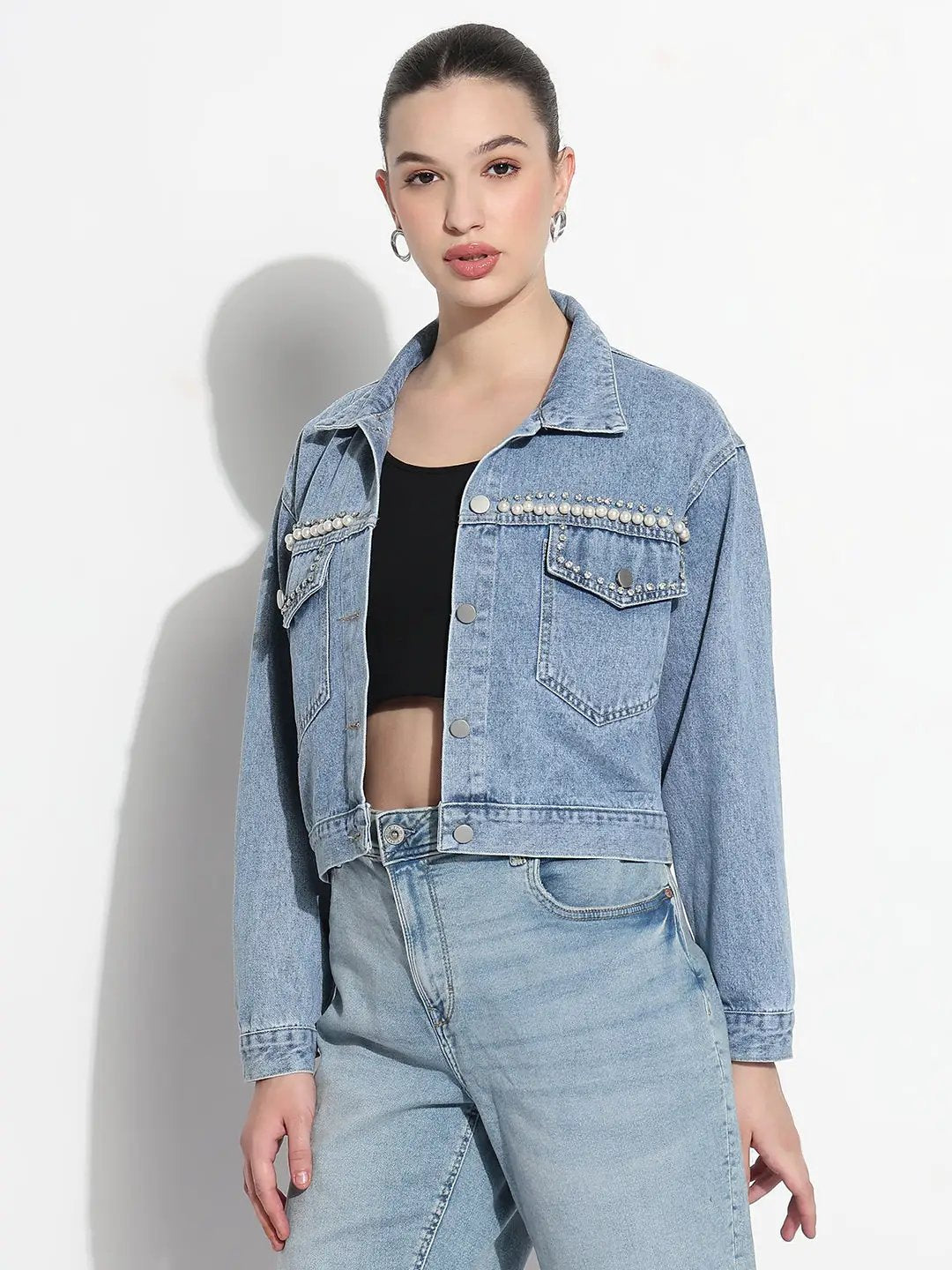 Women's Embellished Blue Spread Collar Relaxed Fit Denim Jacket - from SHOWOFFFF