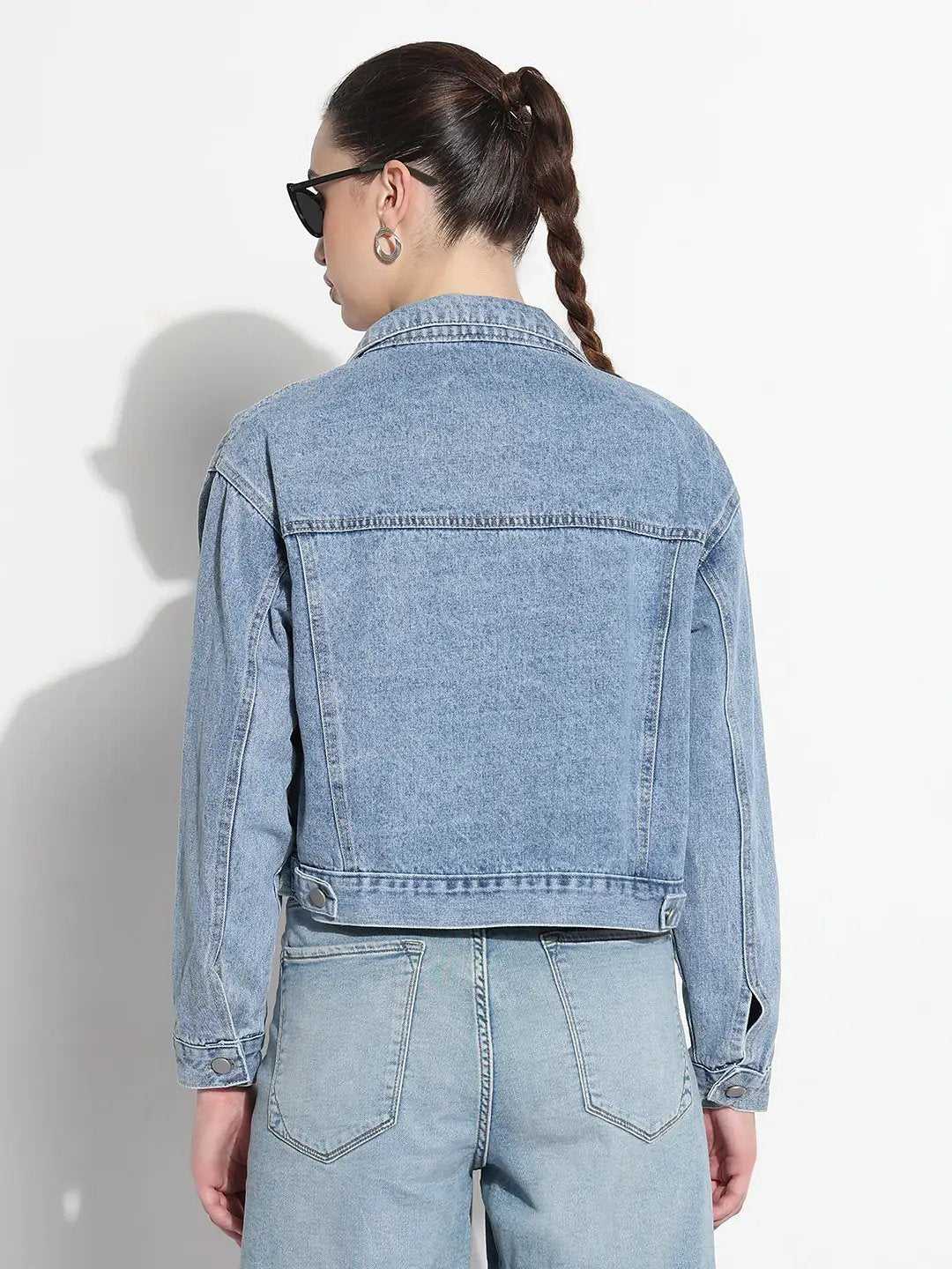 Women's Embellished Blue Spread Collar Relaxed Fit Denim Jacket - from SHOWOFFFF