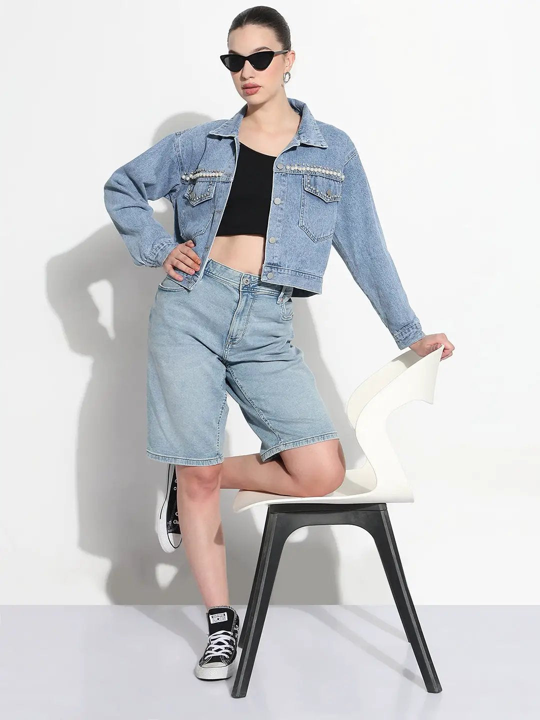 Women's Embellished Blue Spread Collar Relaxed Fit Denim Jacket - from SHOWOFFFF