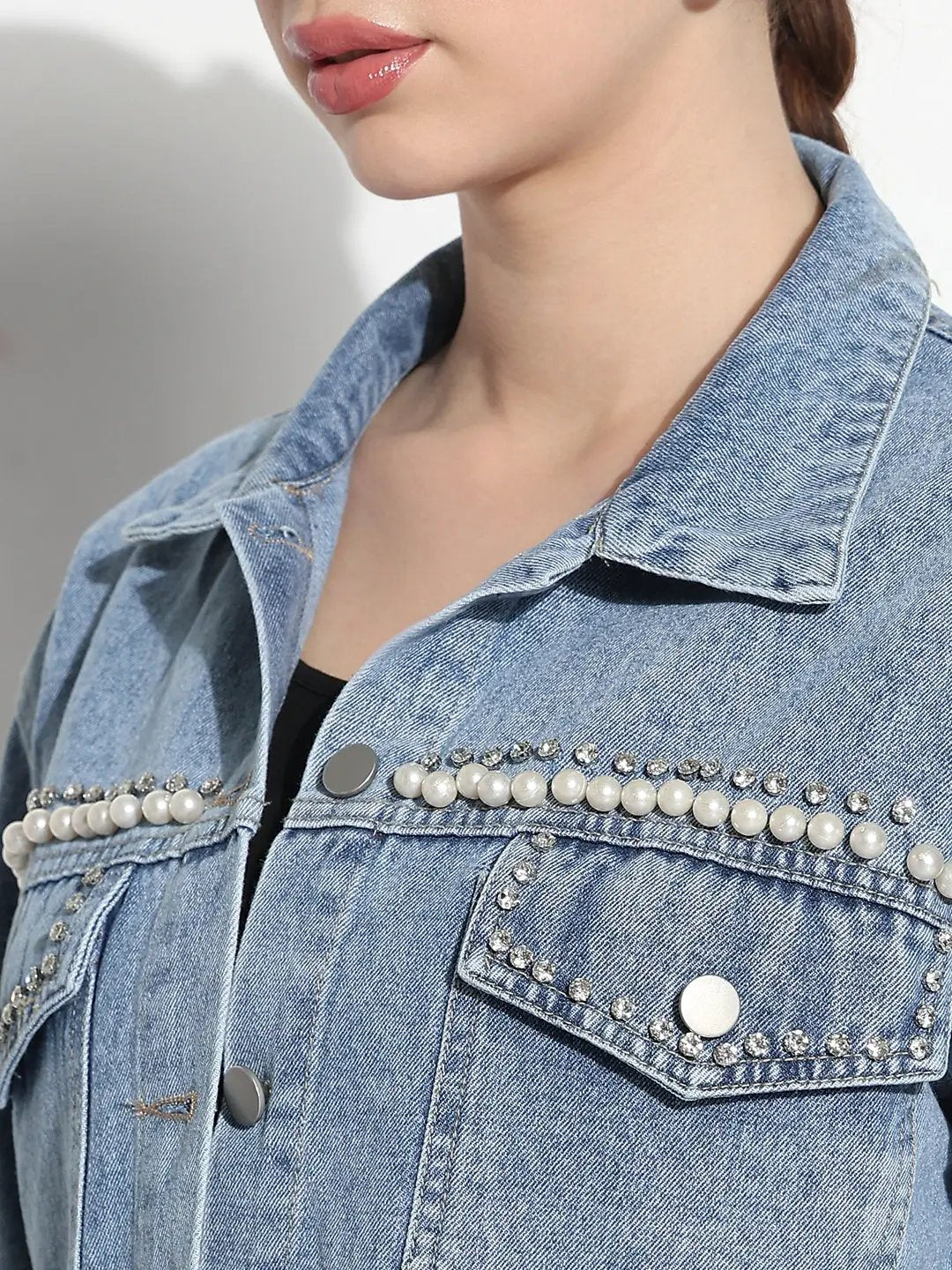Women's Embellished Blue Spread Collar Relaxed Fit Denim Jacket - from SHOWOFFFF