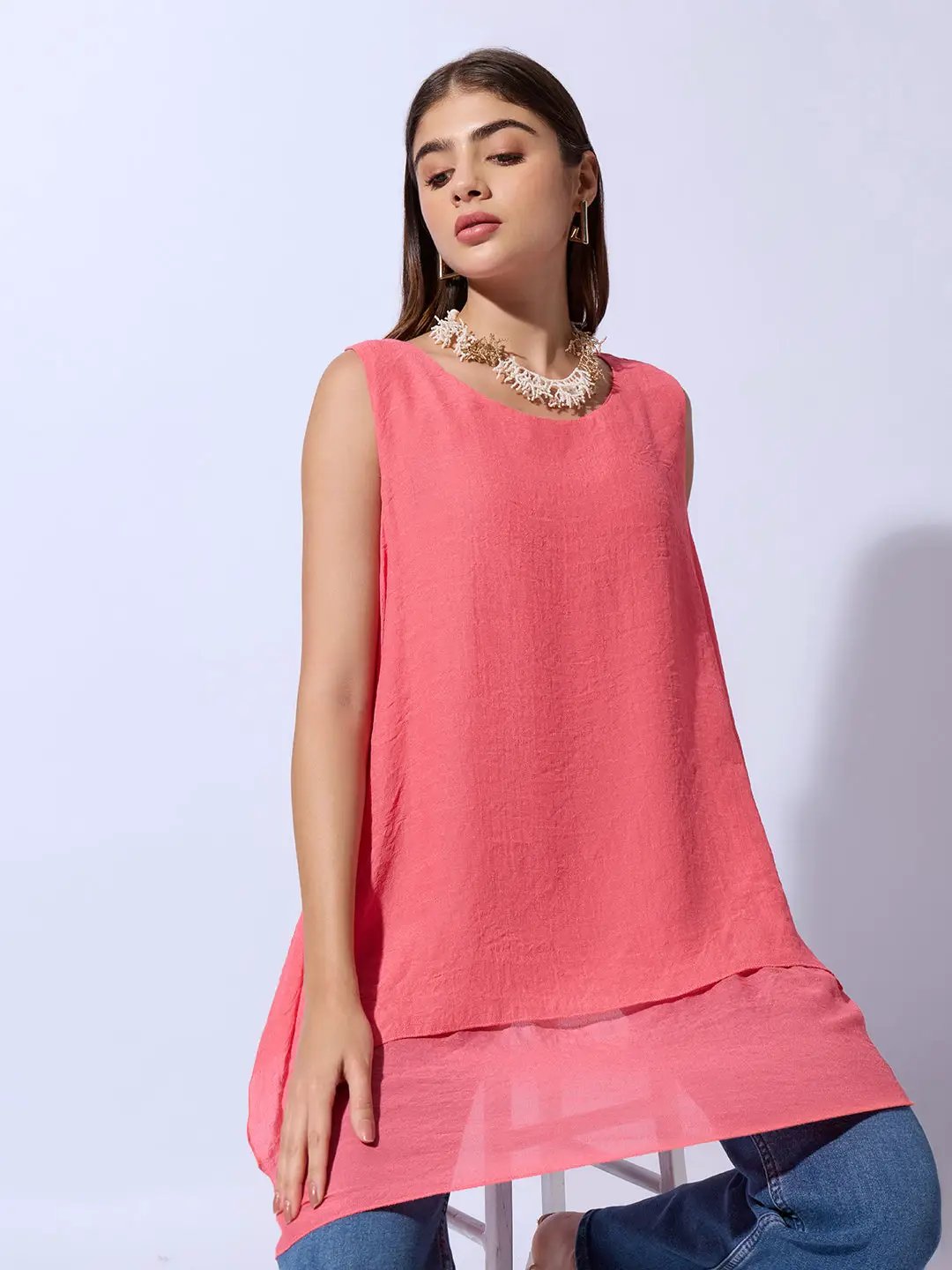 Women's Pink Round Neck Asymmetric Hem Longline Top - Uncategorized from SHOWOFFFF