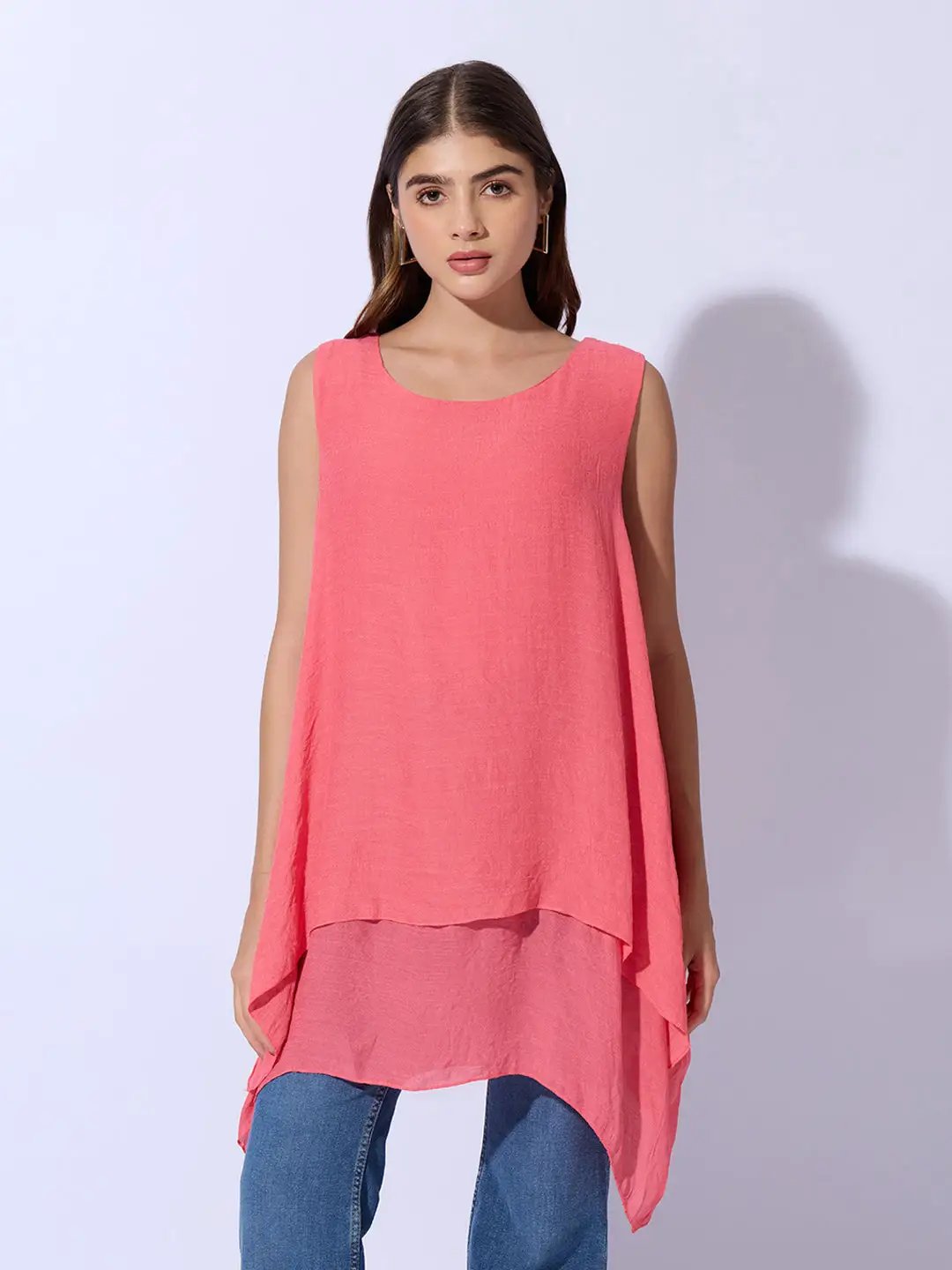 Women's Pink Round Neck Asymmetric Hem Longline Top - Uncategorized from SHOWOFFFF