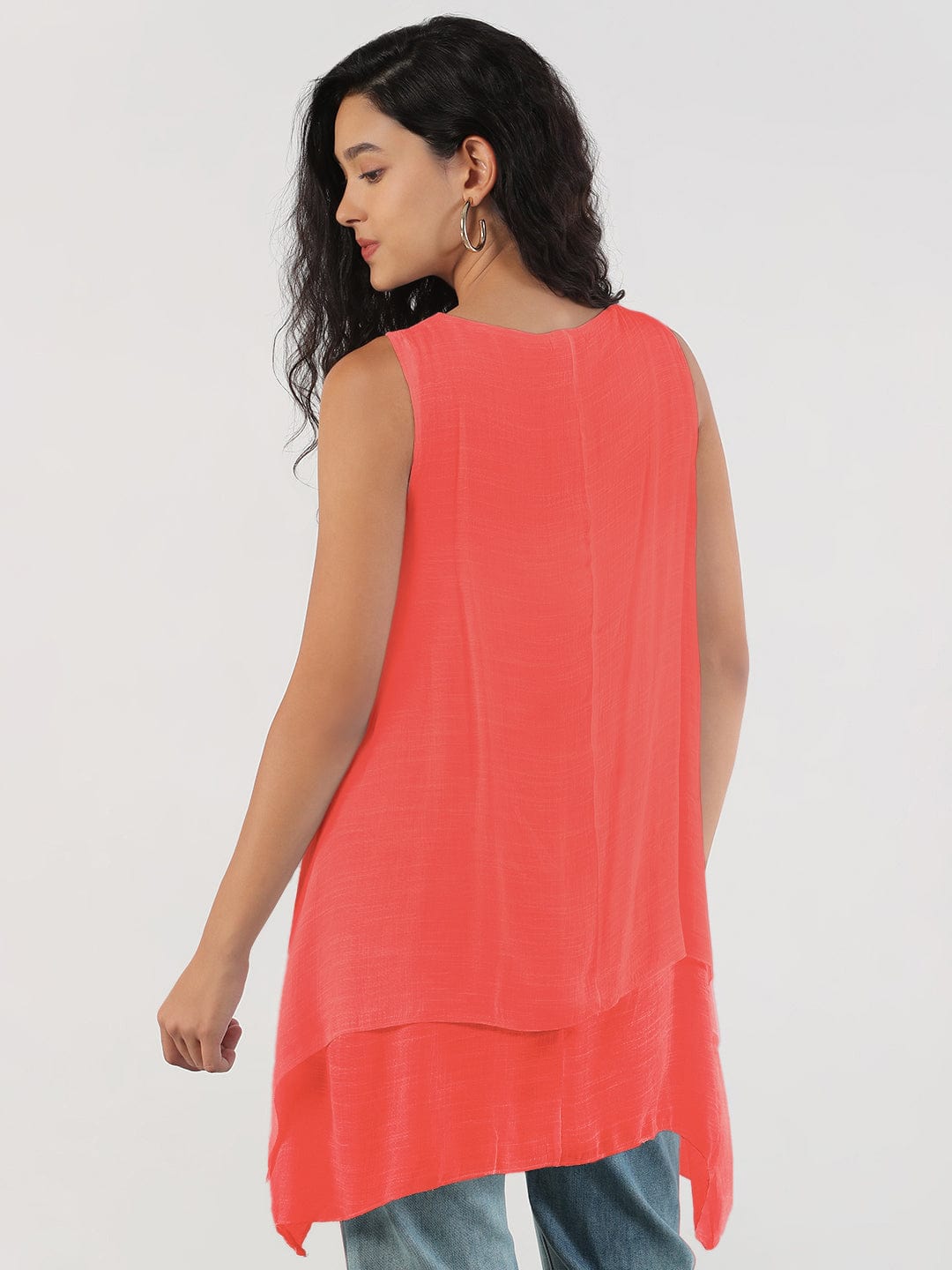 Women's Pink Round Neck Asymmetric Hem Longline Top