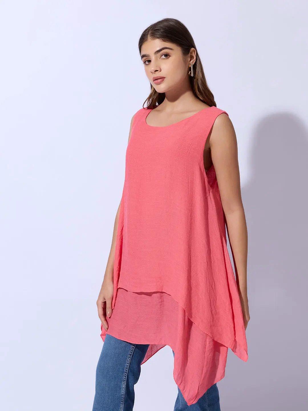 Women's Pink Round Neck Asymmetric Hem Longline Top - Uncategorized from SHOWOFFFF