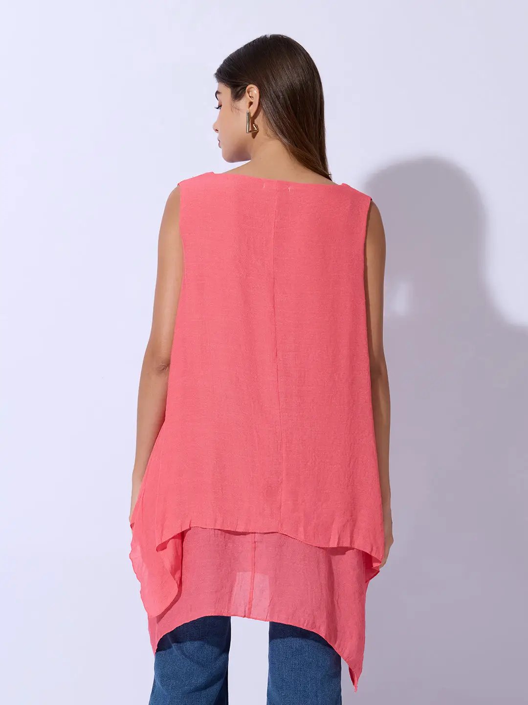 Women's Pink Round Neck Asymmetric Hem Longline Top - Uncategorized from SHOWOFFFF