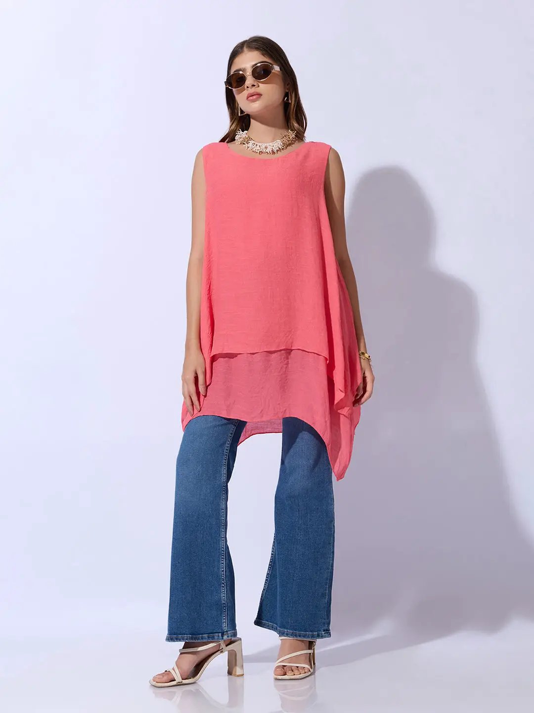 Women's Pink Round Neck Asymmetric Hem Longline Top - Uncategorized from SHOWOFFFF