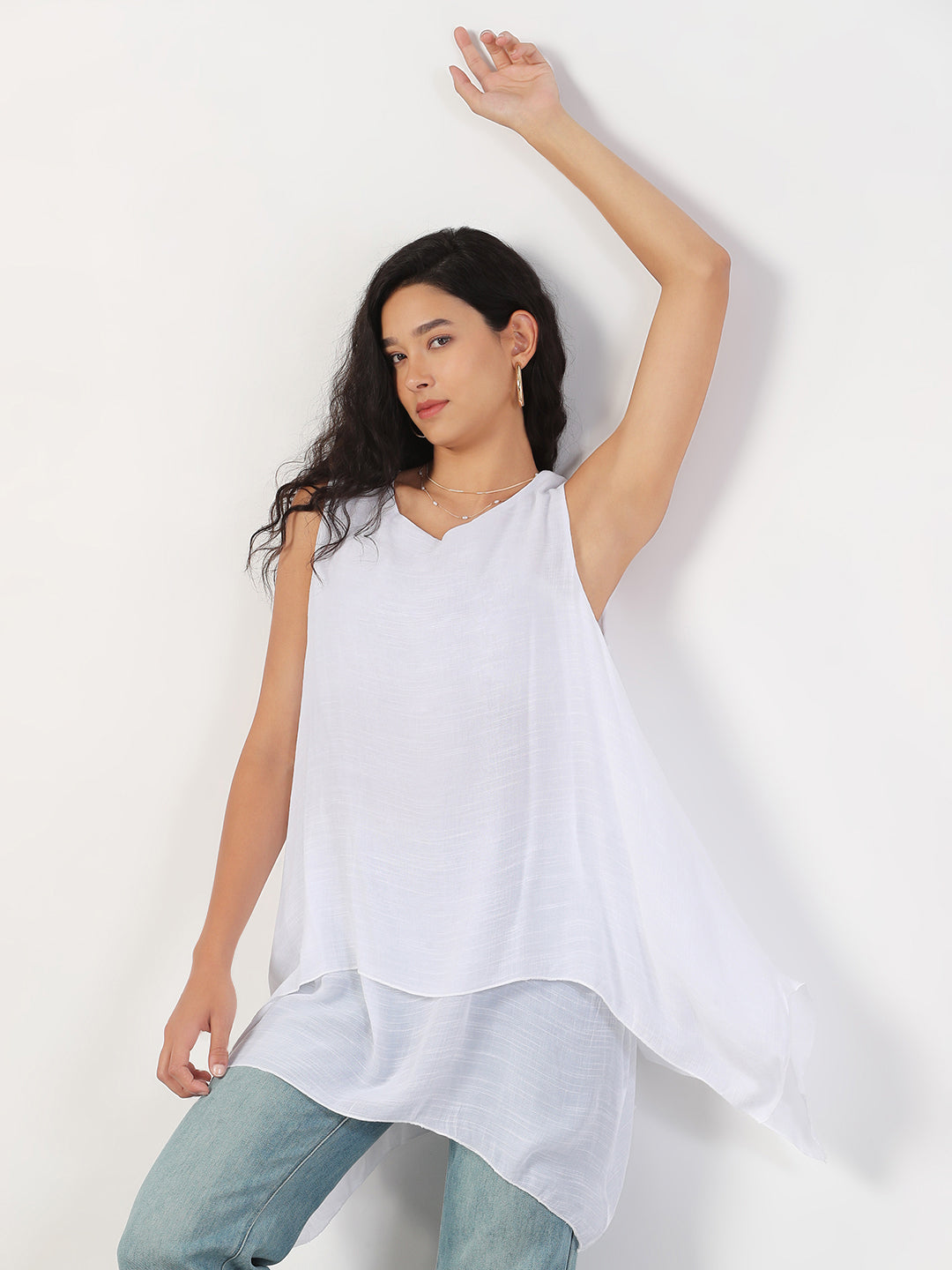 Women Solid Round Neck White Longline Top