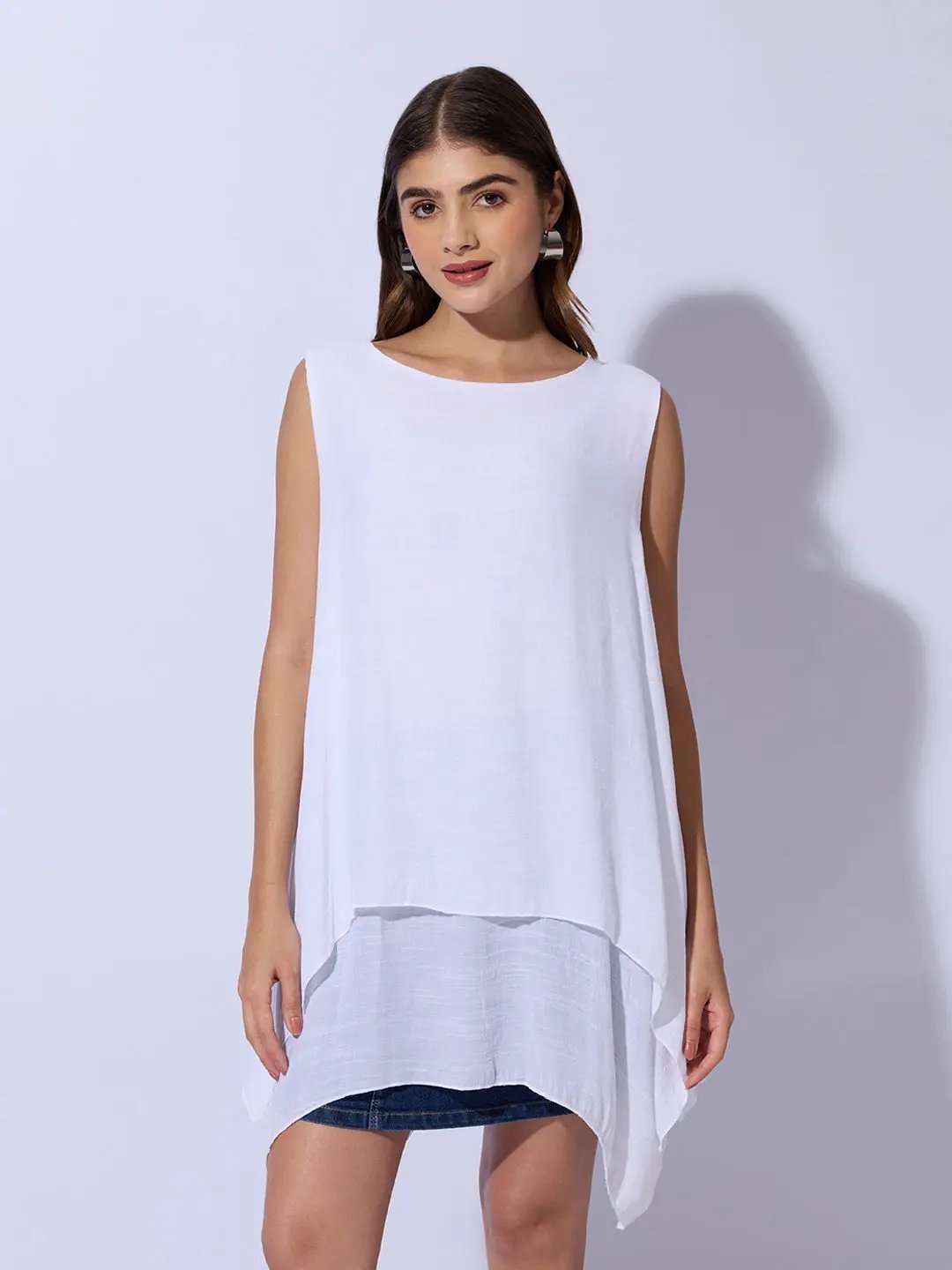 Women's Solid Round Neck White Longline Top