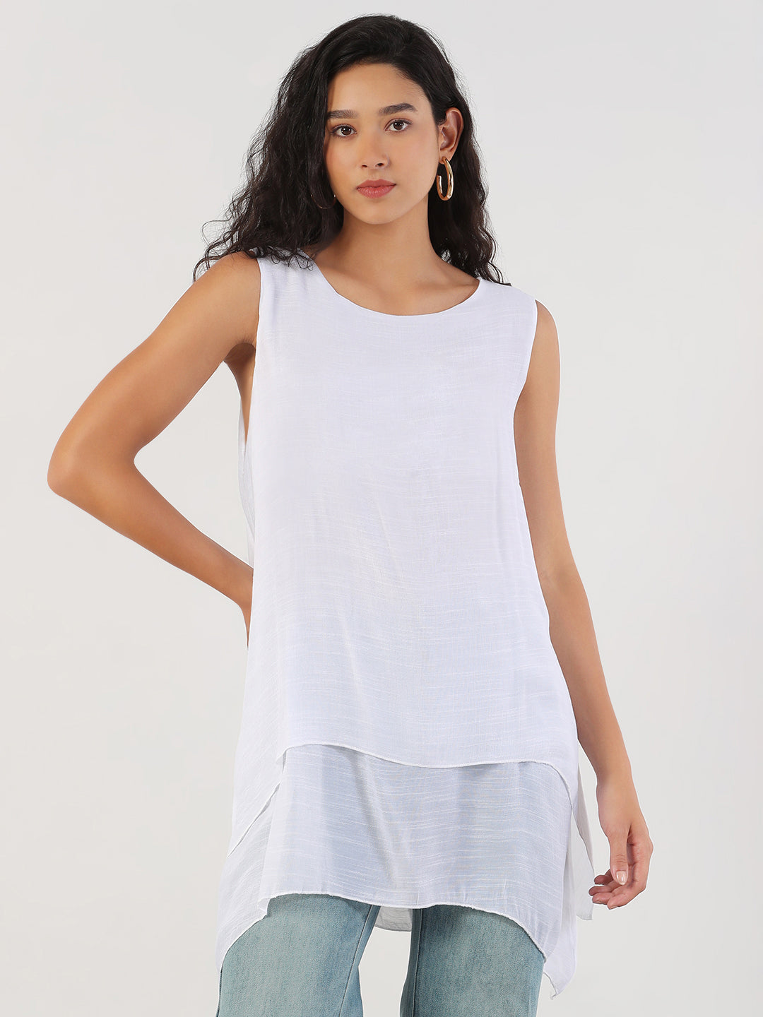 Women Solid Round Neck White Longline Top