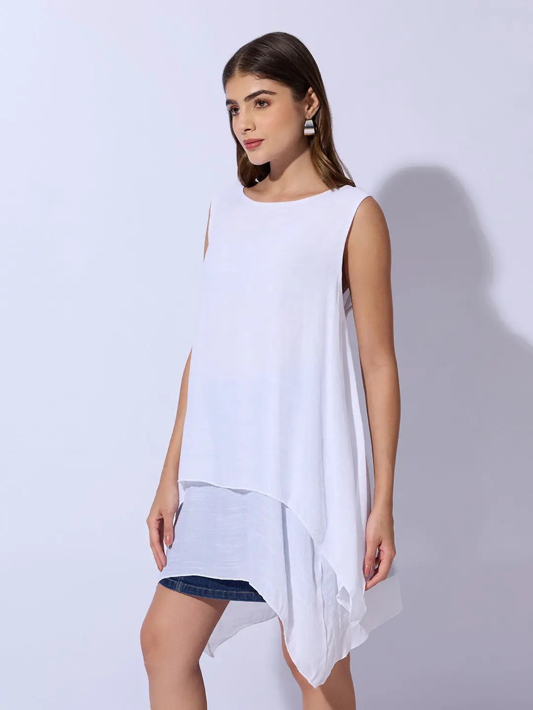 Women's Solid Round Neck White Longline Top