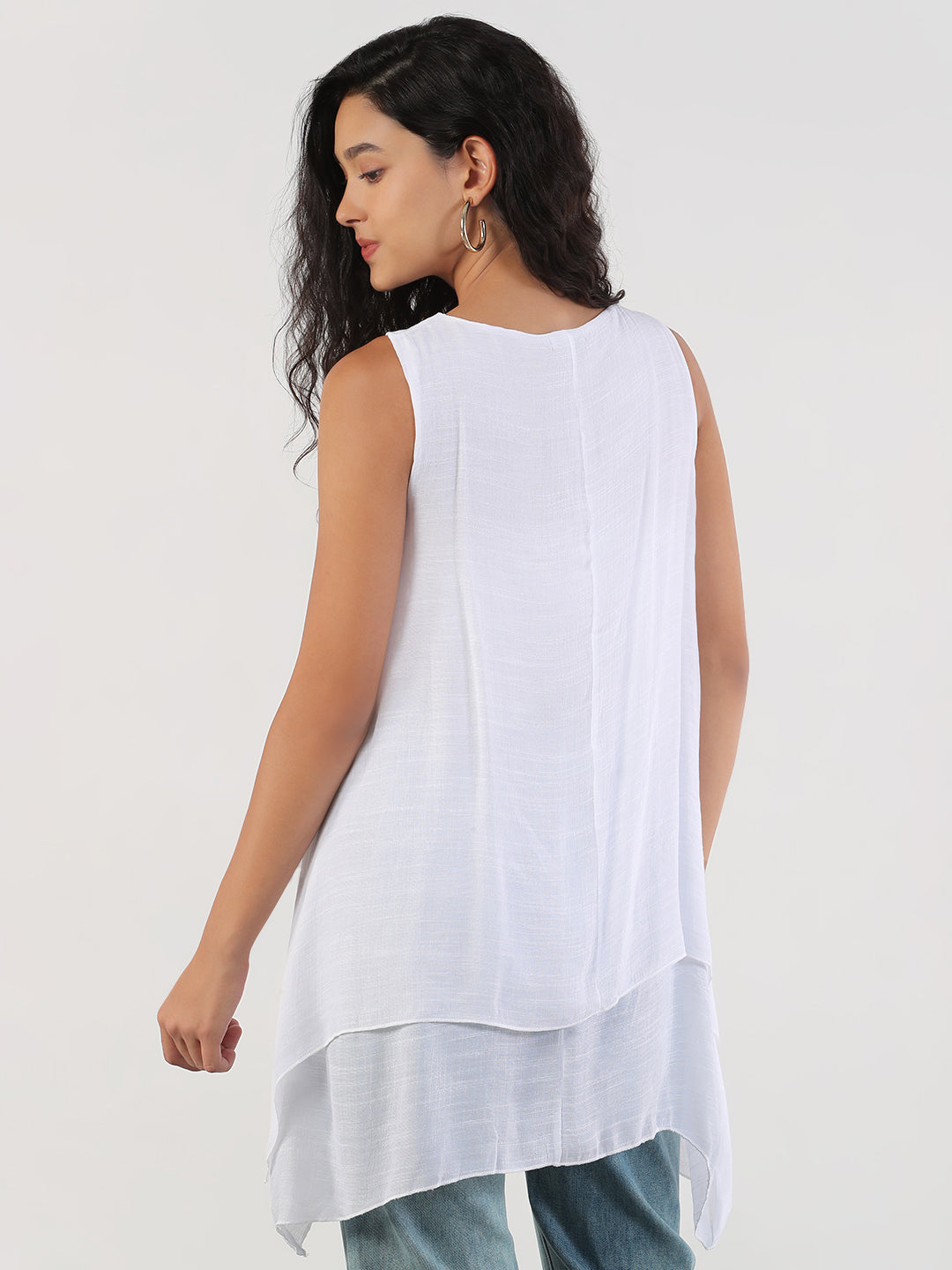 Women Solid Round Neck White Longline Top