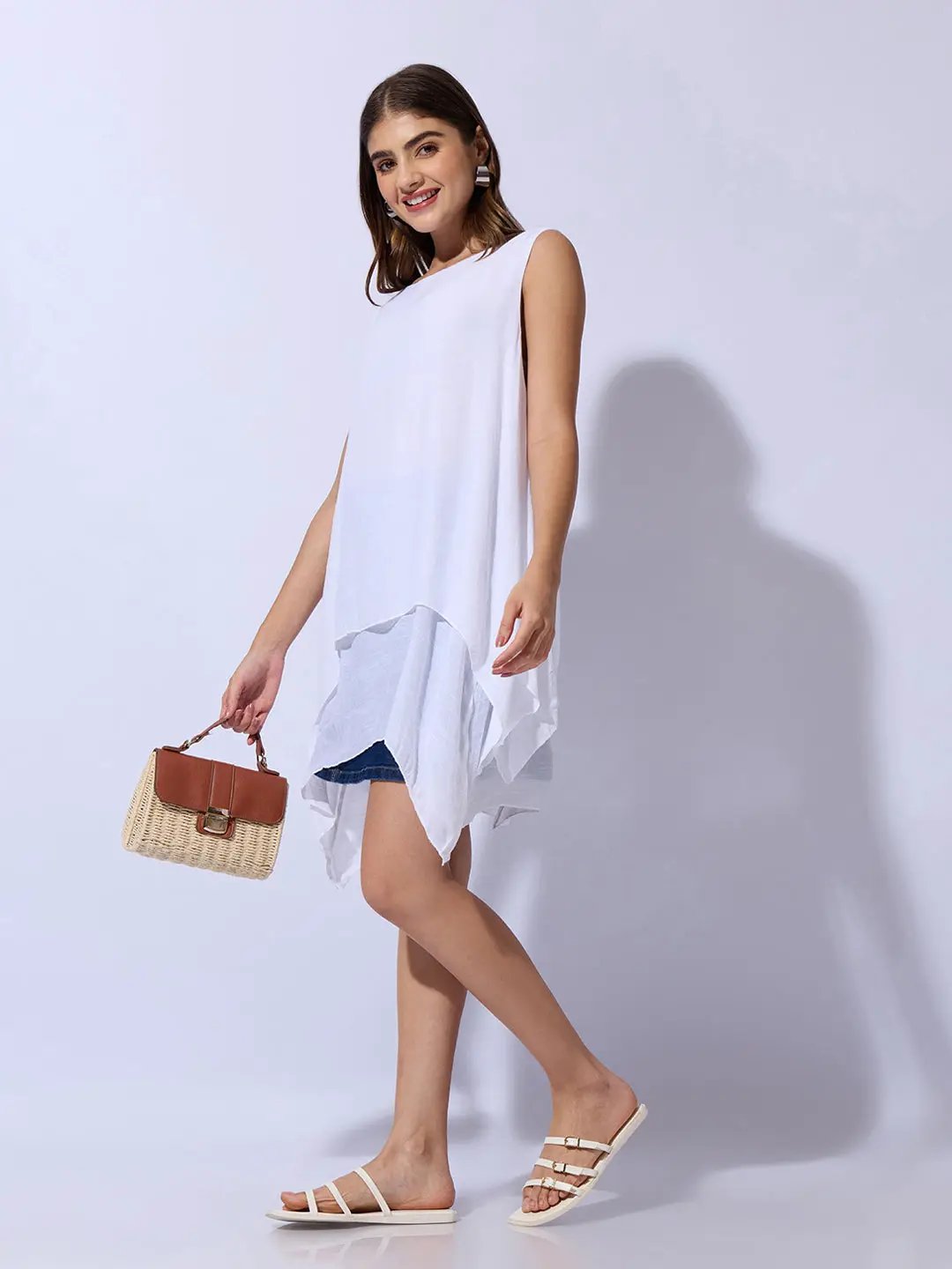 Women's Solid Round Neck White Longline Top