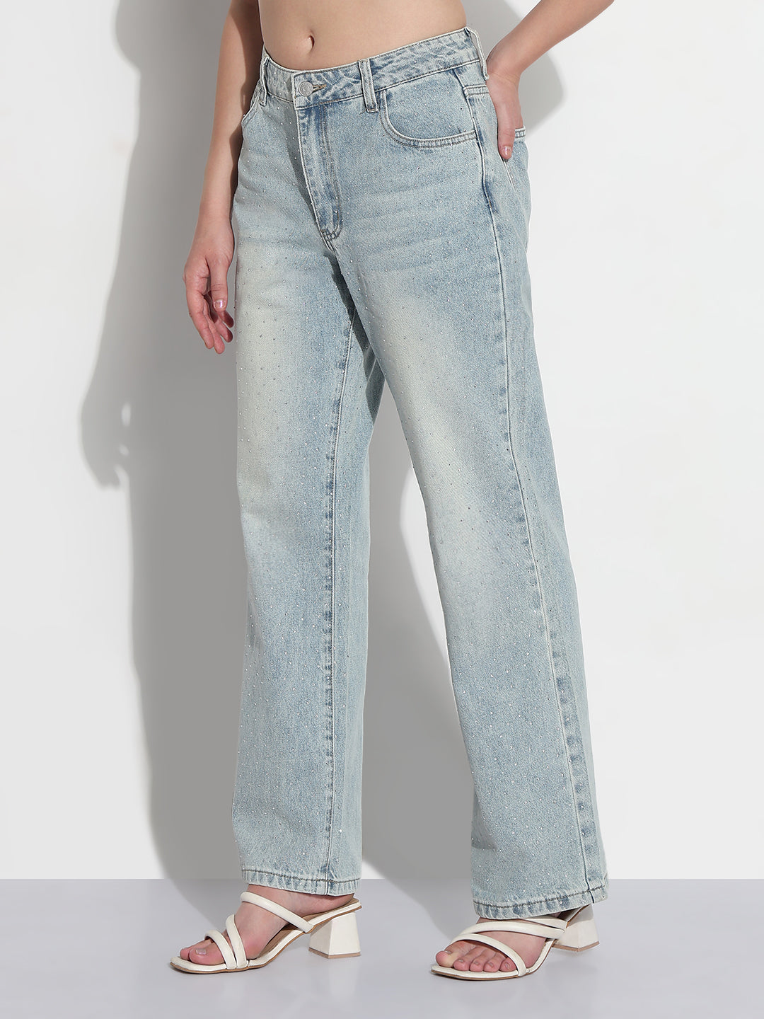 Women's Blue Embellished Straight Fit Jeans