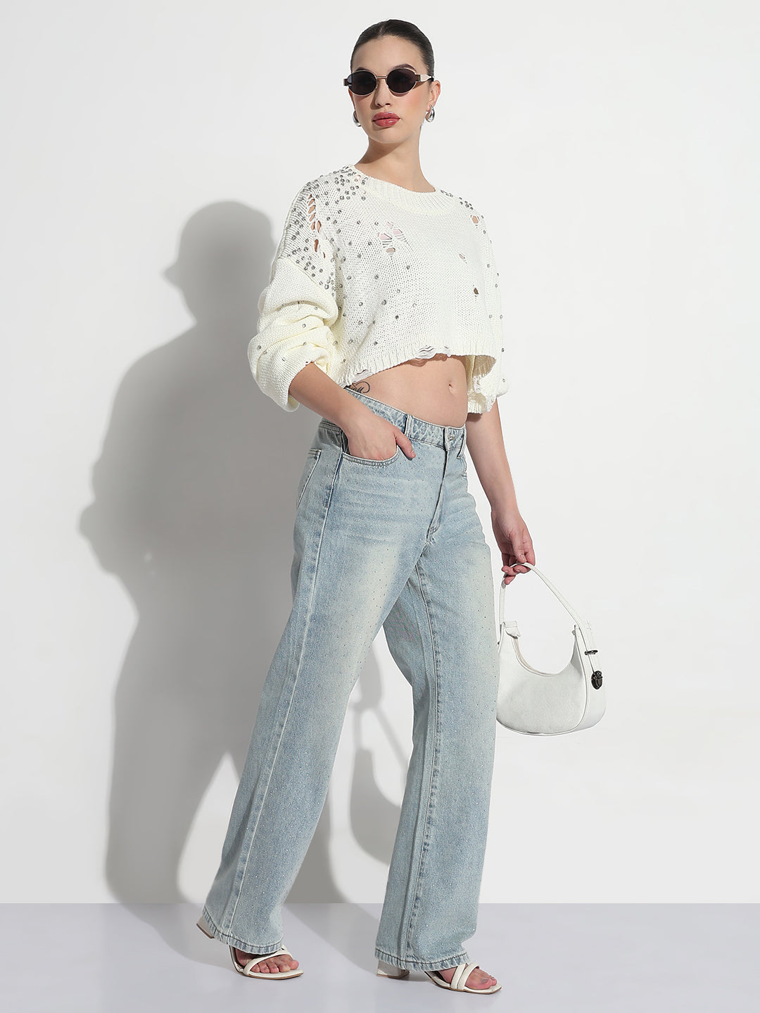 Women's Blue Embellished Straight Fit Jeans