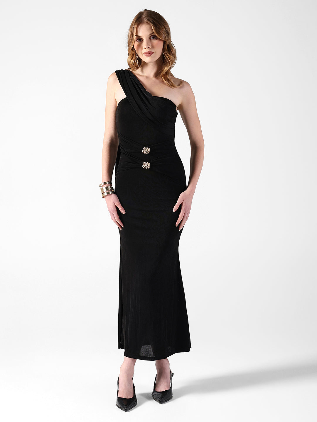 Women's Draped Black One-Shoulder Maxi Dress