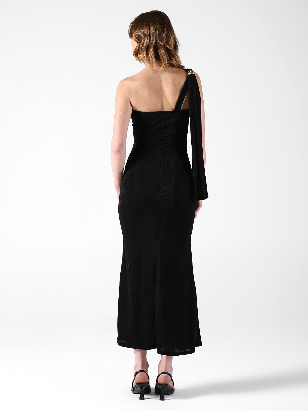 Women's Draped Black One-Shoulder Maxi Dress