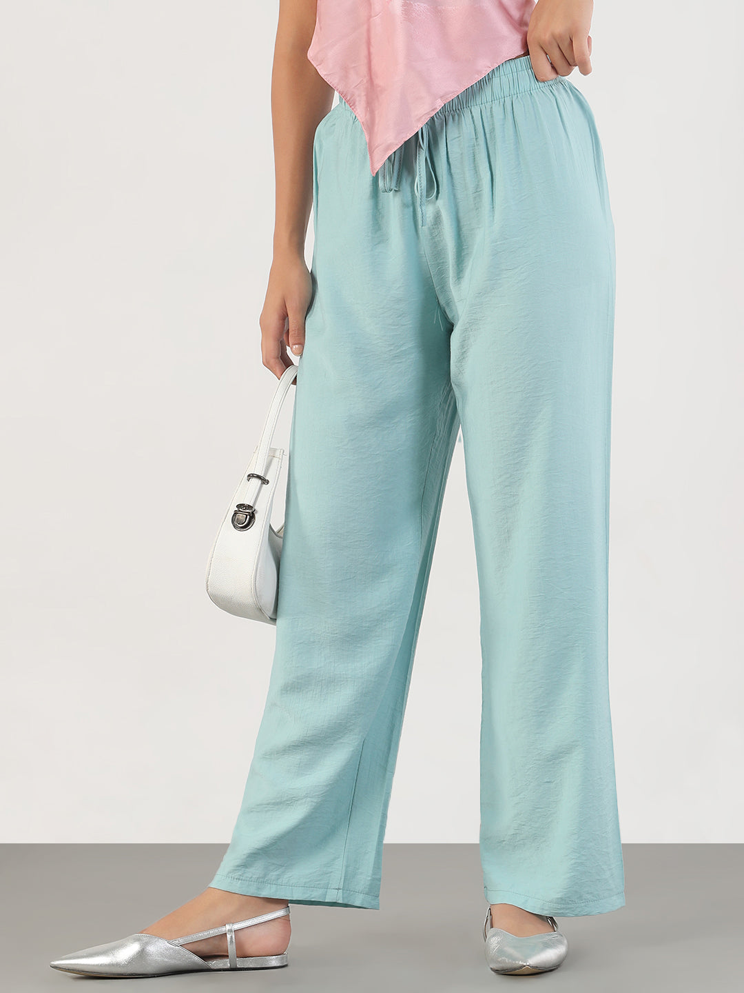 Women Blue Loose Fit Solid Parallel Trousers