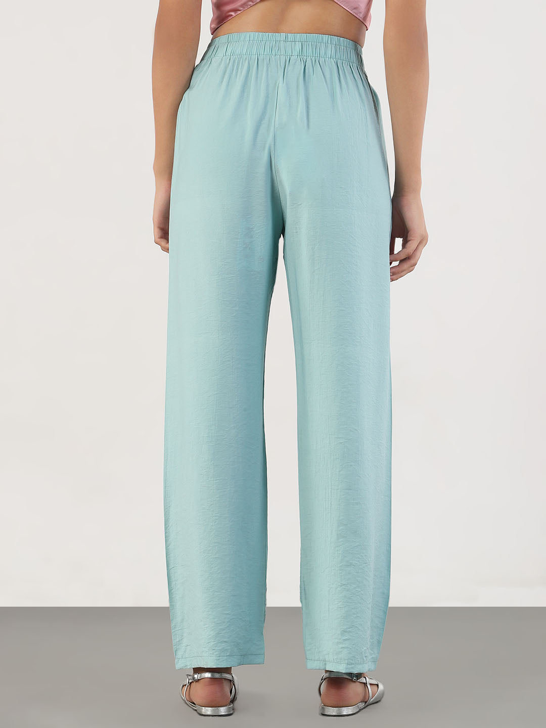 Women Blue Loose Fit Solid Parallel Trousers