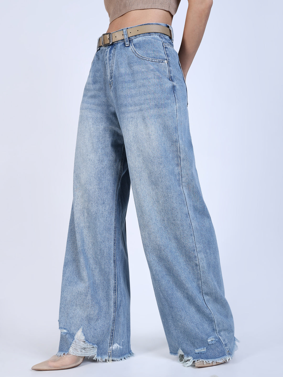 Women Solid Blue Wide Leg Jeans with Belt