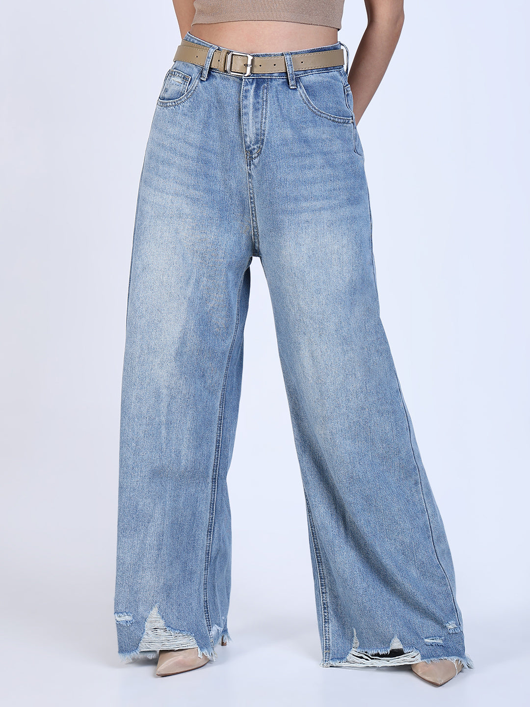 Women Solid Blue Wide Leg Jeans with Belt