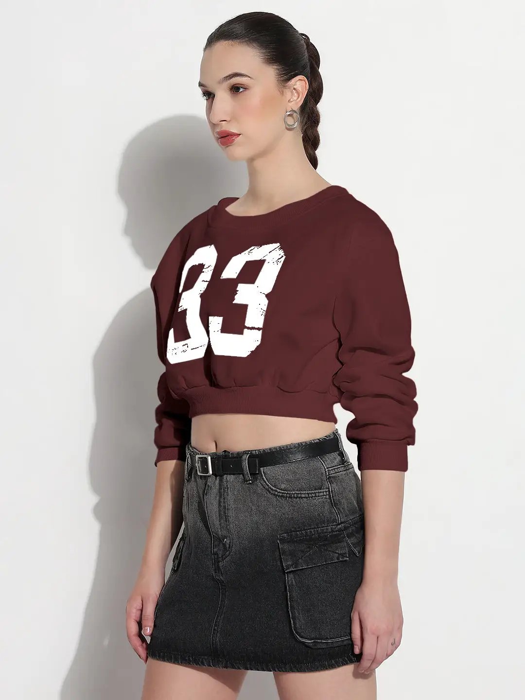 Women's Typography Maroon Relaxed Fit Crew Neck Crop Top - from SHOWOFFFF