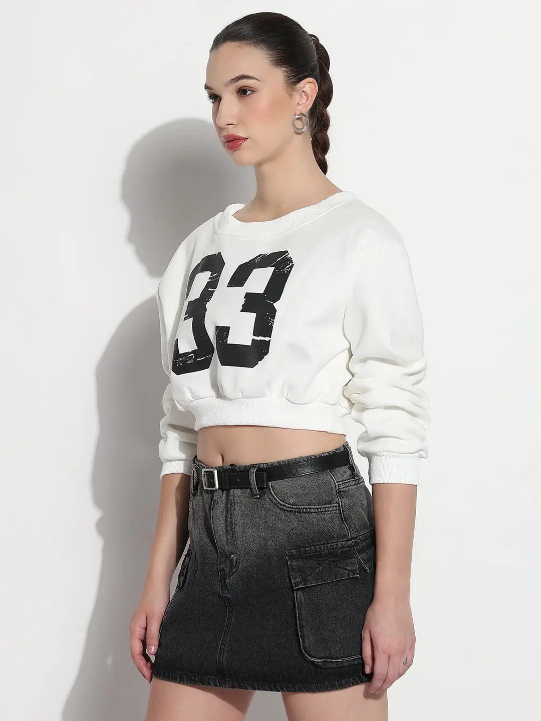 Women's Typography White Relaxed Fit Crew Neck Crop Top - from SHOWOFFFF