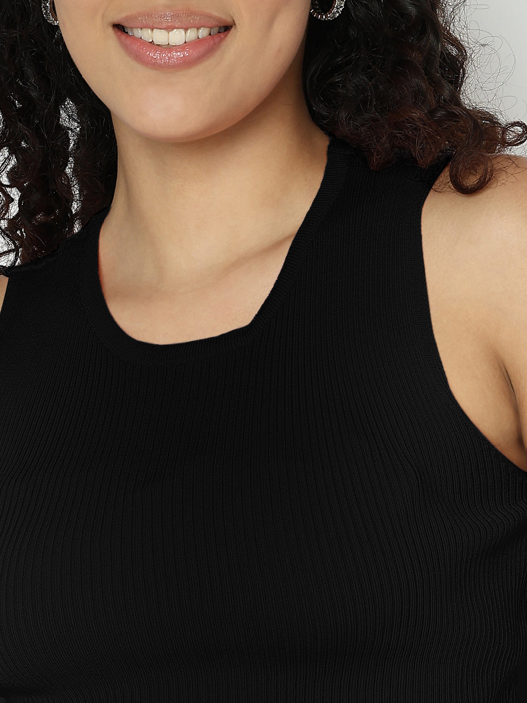 Women's Ribbed Black Sleeveless Scalloped Crop Top with Skirt Co-ord Set