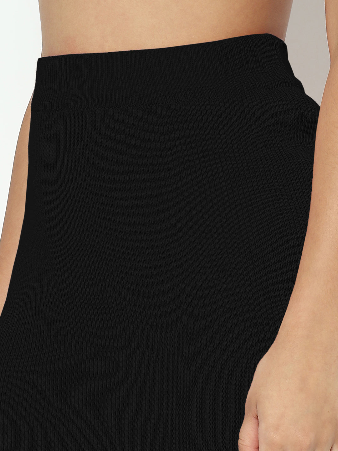 Women's Ribbed Black Sleeveless Scalloped Crop Top with Skirt Co-ord Set