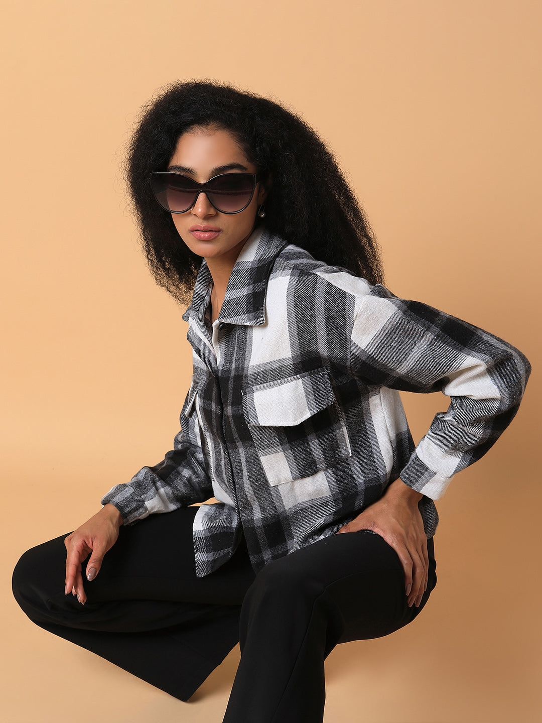 Women Checked Black Oversized Shirt