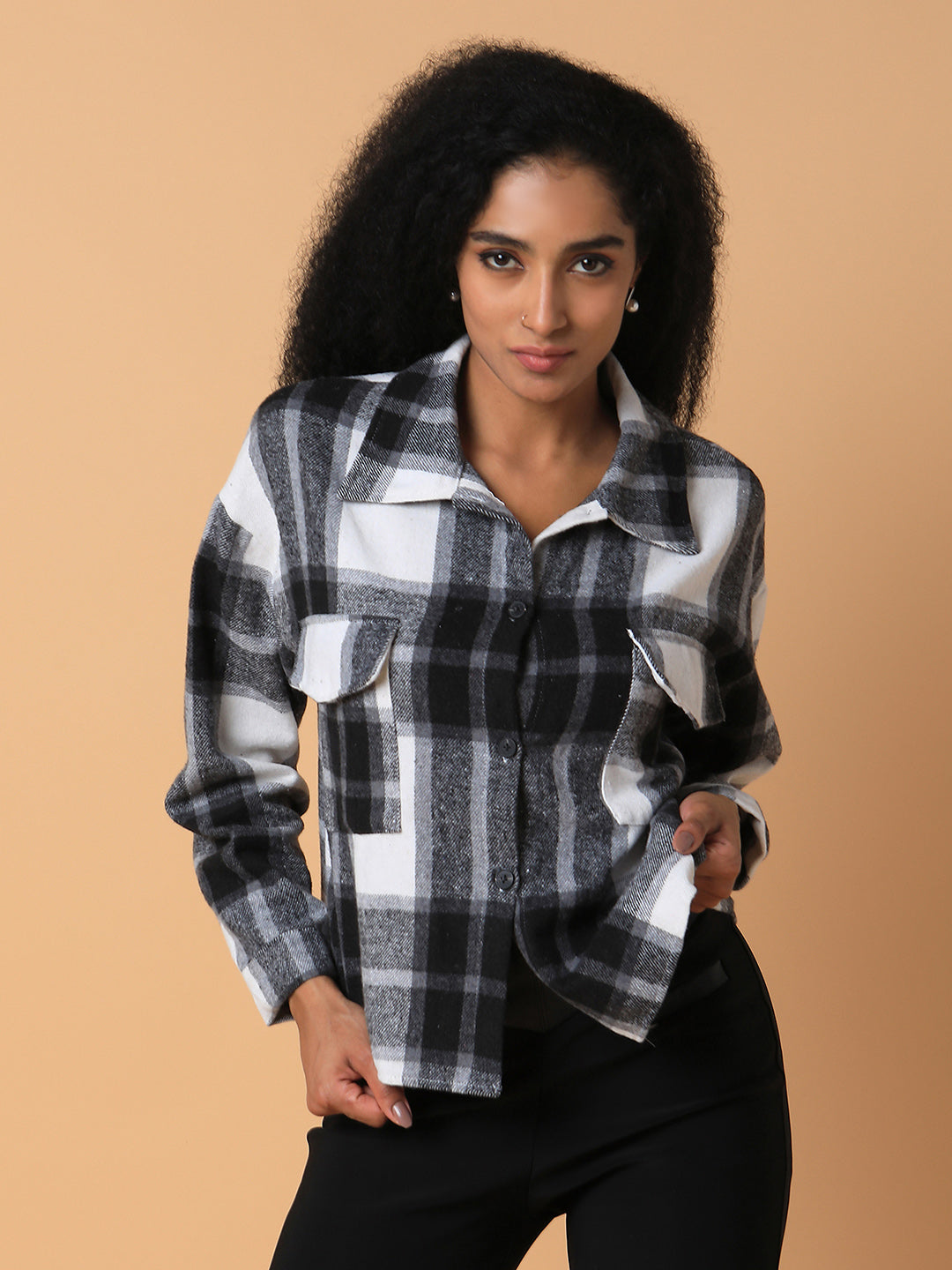 Women Checked Black Oversized Shirt