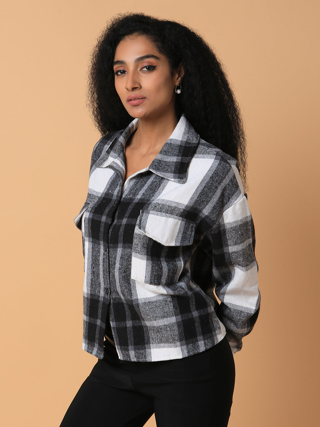 Women Checked Black Oversized Shirt