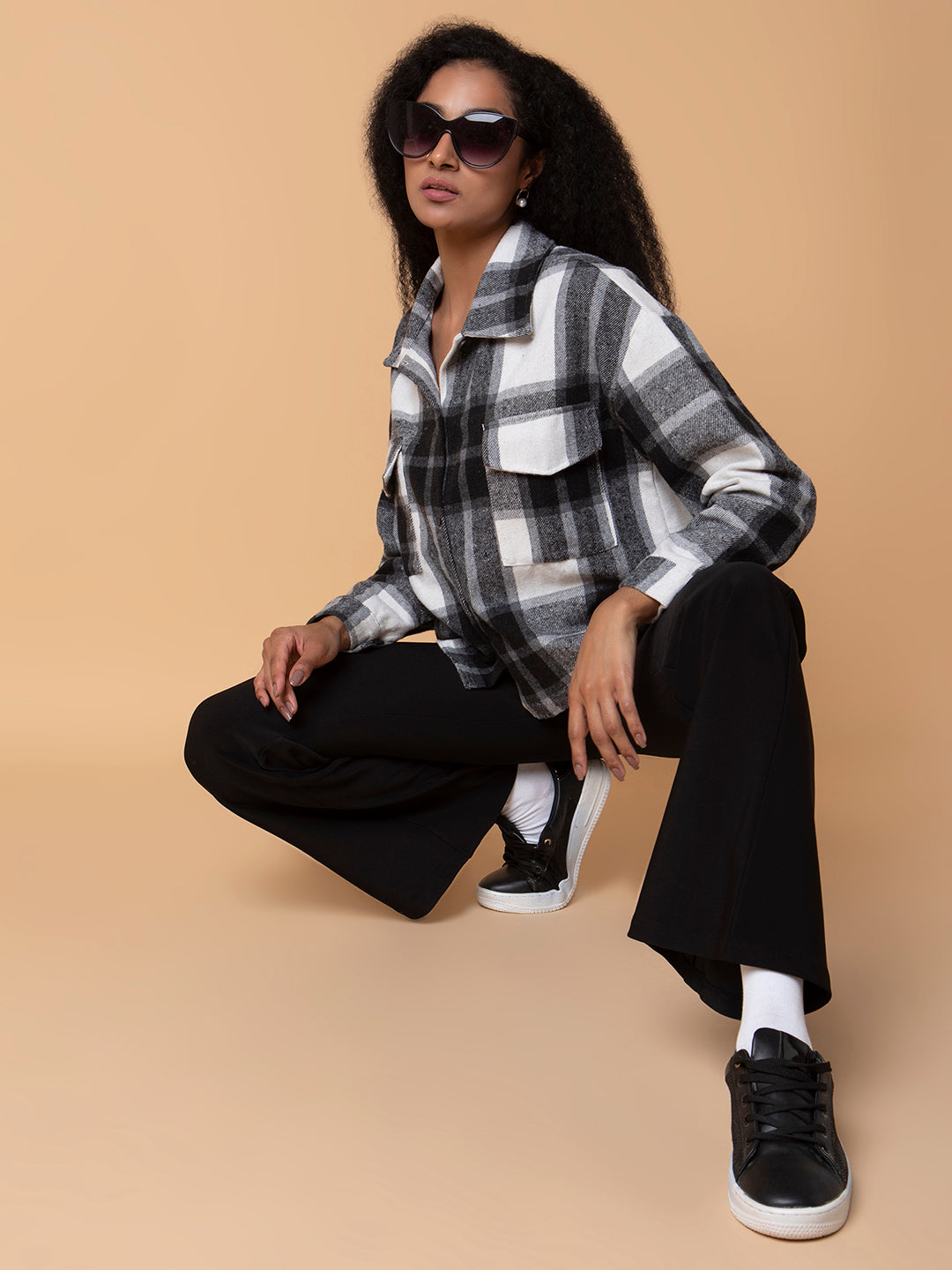 Women Checked Black Oversized Shirt