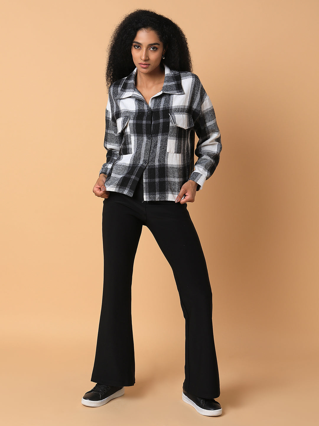 Women Checked Black Oversized Shirt