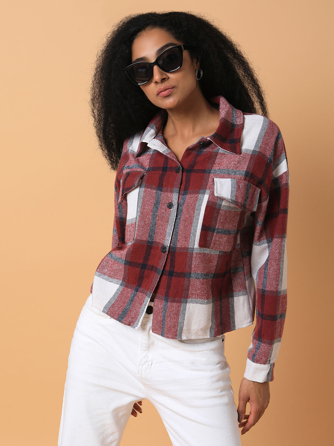 Women Checked Maroon Oversized Shirt