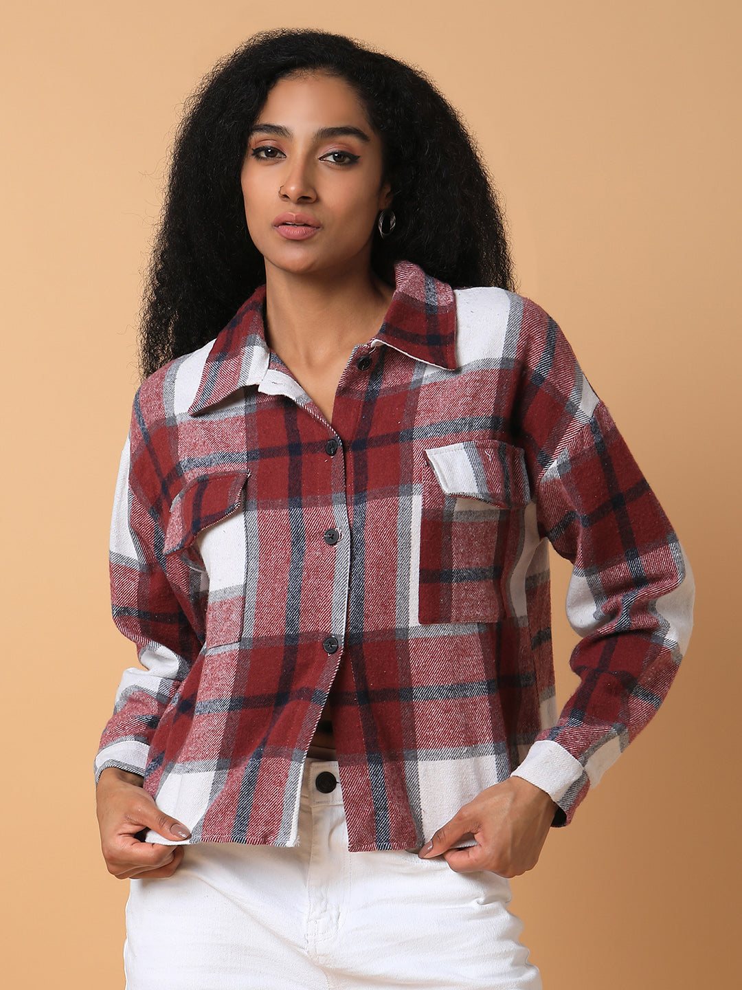 Women Checked Maroon Oversized Shirt