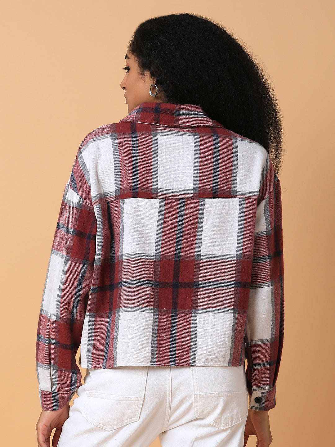 Women Checked Maroon Oversized Shirt