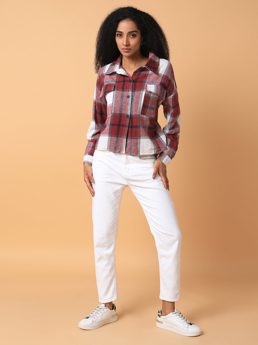 Women Checked Maroon Oversized Shirt