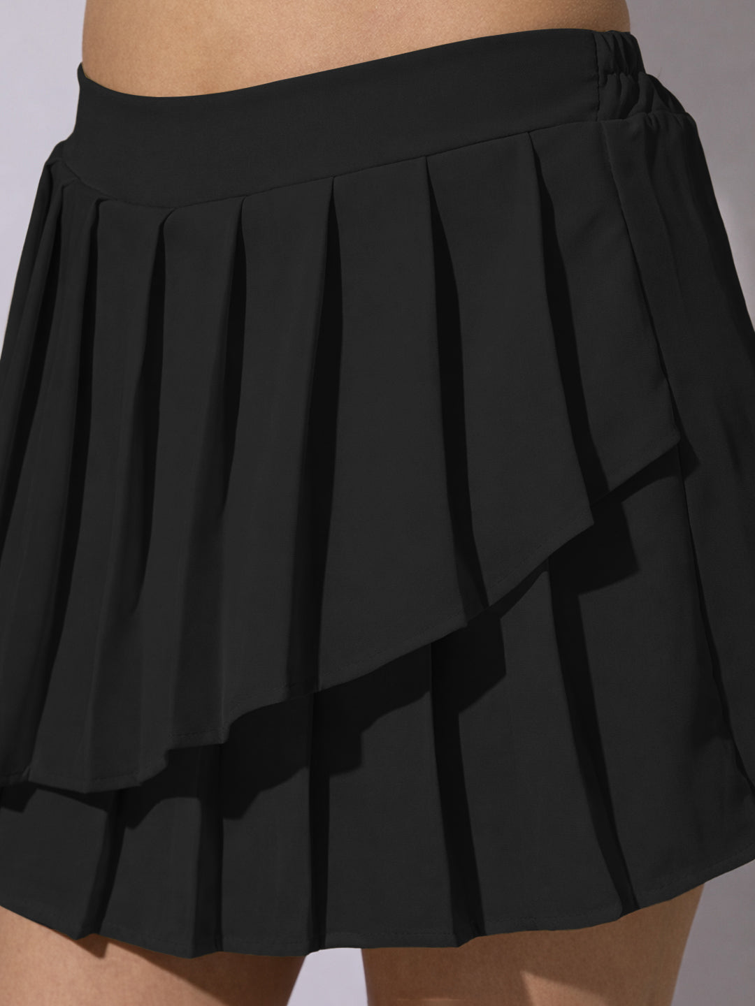 Women's Pleated Black Mini Skort with Layered Hem