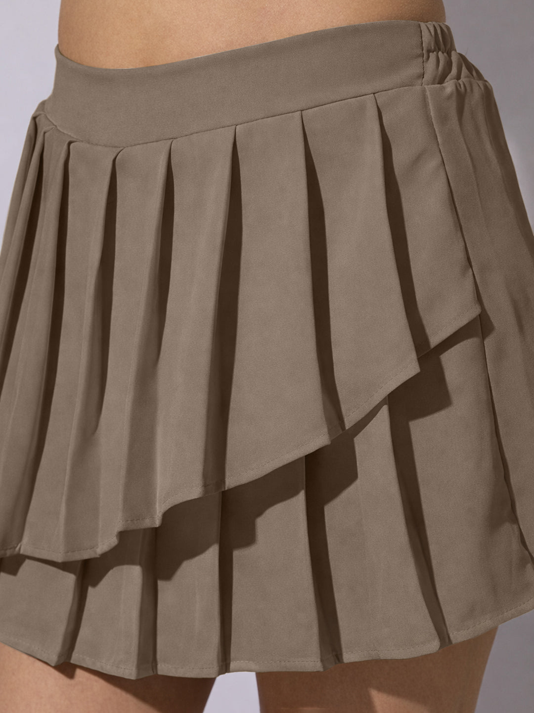 Women's Pleated Brown Mini Skort with Layered Hem